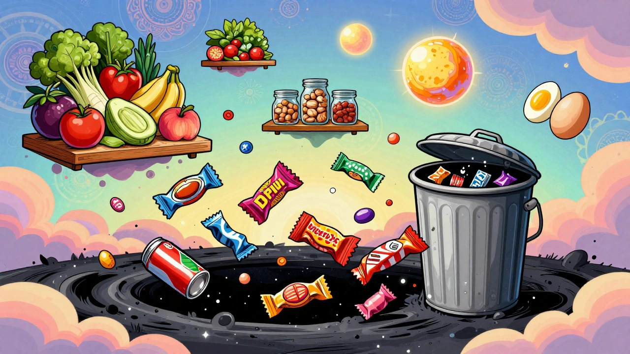 A whirlwind purges unhealthy snacks into a black hole as fresh foods glow like cosmic orbs above.