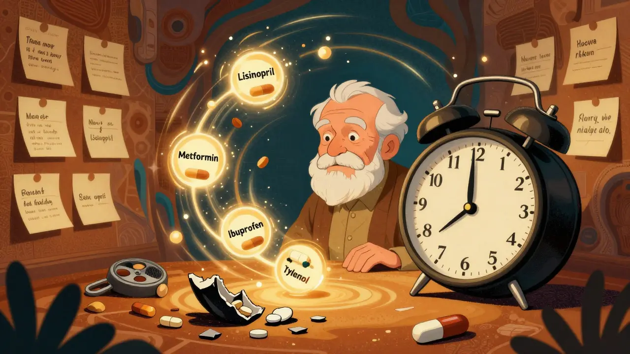 An elderly person surrounded by floating pills and a backward-ticking clock in a chaotic, glowing medicine scene.