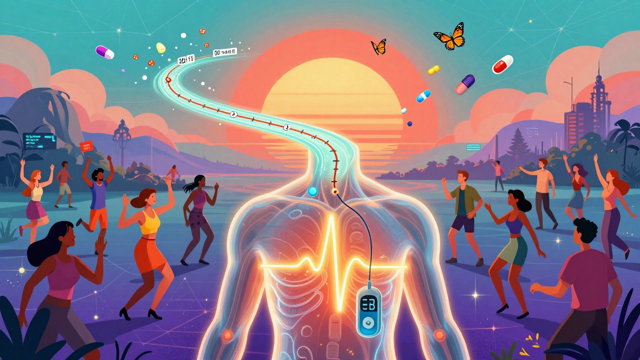 An implantable sensor pulses with golden light under a translucent body, with a predictive glucose river flowing to a sunset.