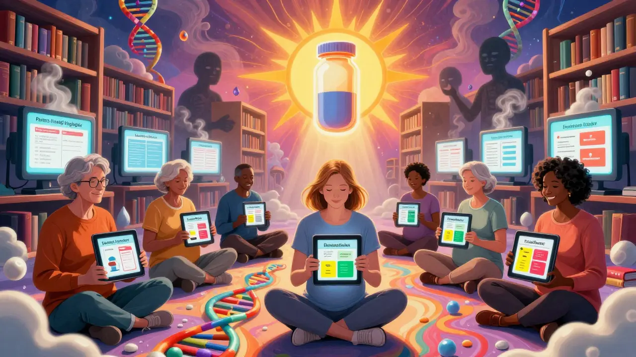 Diverse patients in a dream library surrounded by floating health info screens, bathed in warm light as corporate logos fade away.