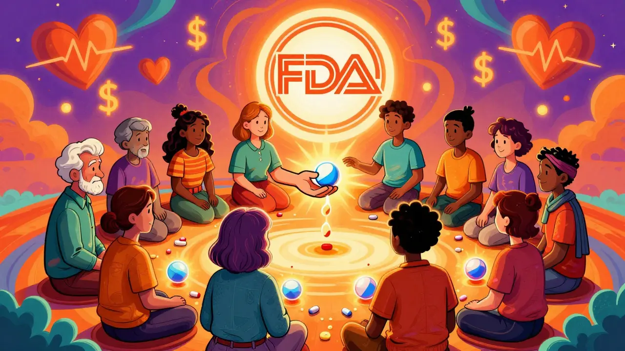 Diverse patients receive one pill from a pharmacist, their individual meds dissolving into it under a glowing FDA seal.