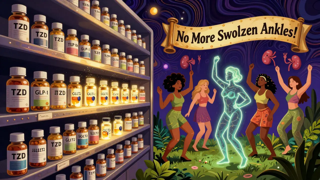 Fading TZD bottles replaced by glowing diabetes medications as people dance joyfully, kidneys and fat cells waving peace signs in psychedelic patterns.