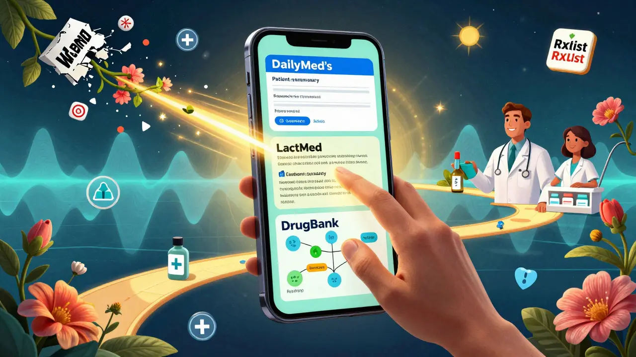 Floating smartphone showing simplified drug info panels, with golden light connecting to healthcare providers amid blooming medical symbols.