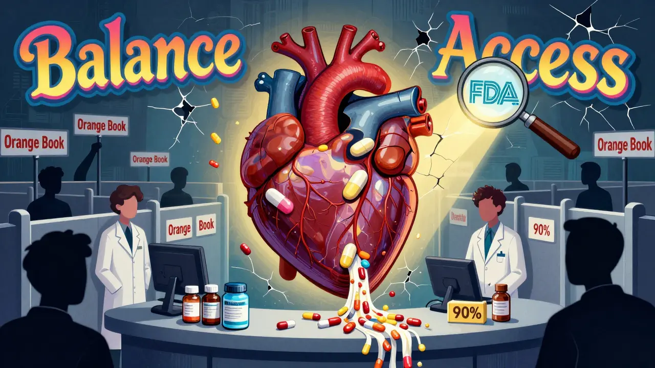 Heart made of pills feeding a pharmacy, with shadowy figures hiding behind patent fences and FDA light breaking through.