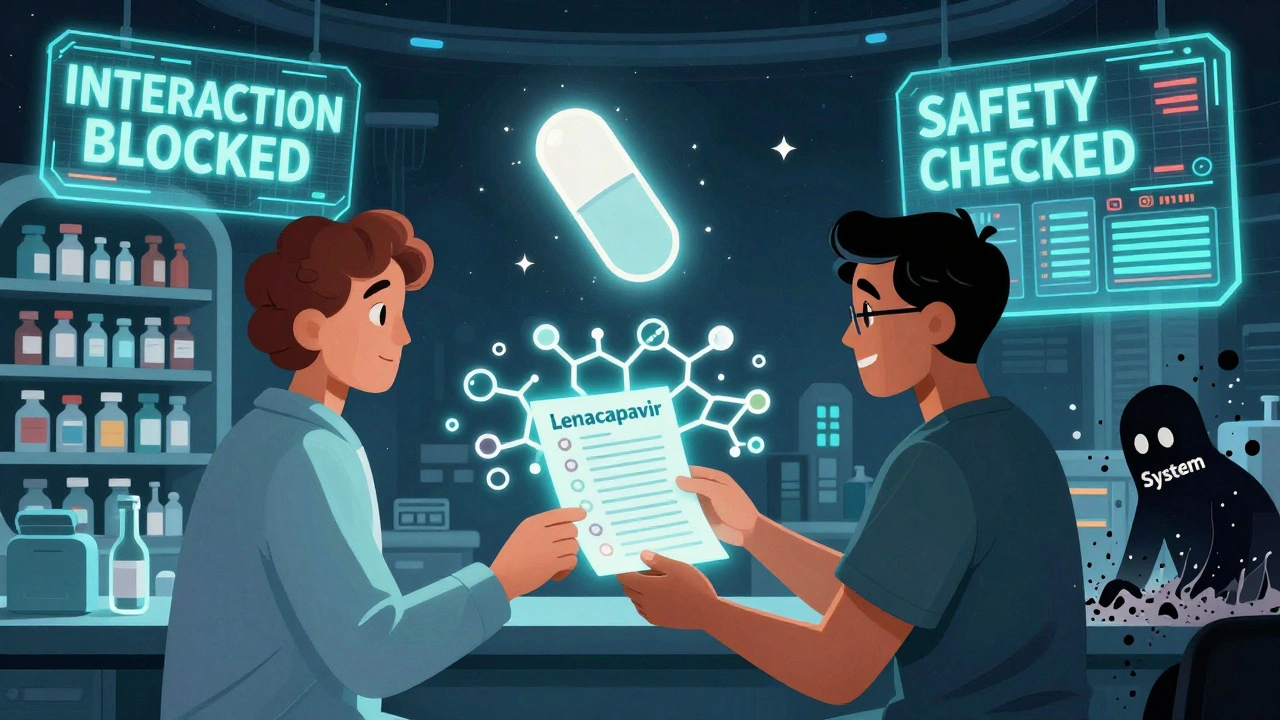 Patient giving medication list to pharmacist while lenacapavir floats free of interaction chains