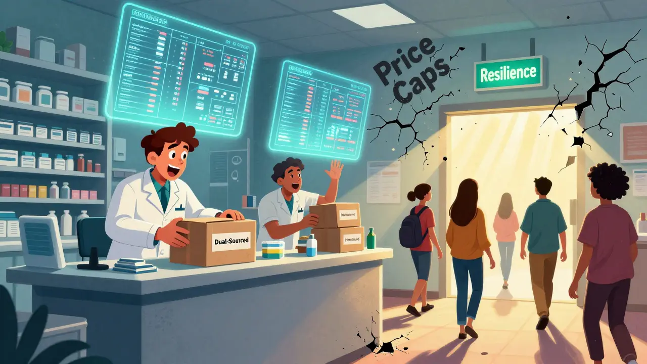 Pharmacist packing dual-sourced drugs as price caps crumble, with digital inventory maps glowing.