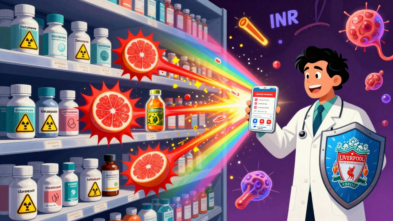 Pharmacy shelf exploding with antivirals and herbal dangers, pharmacist holding a protective app shield