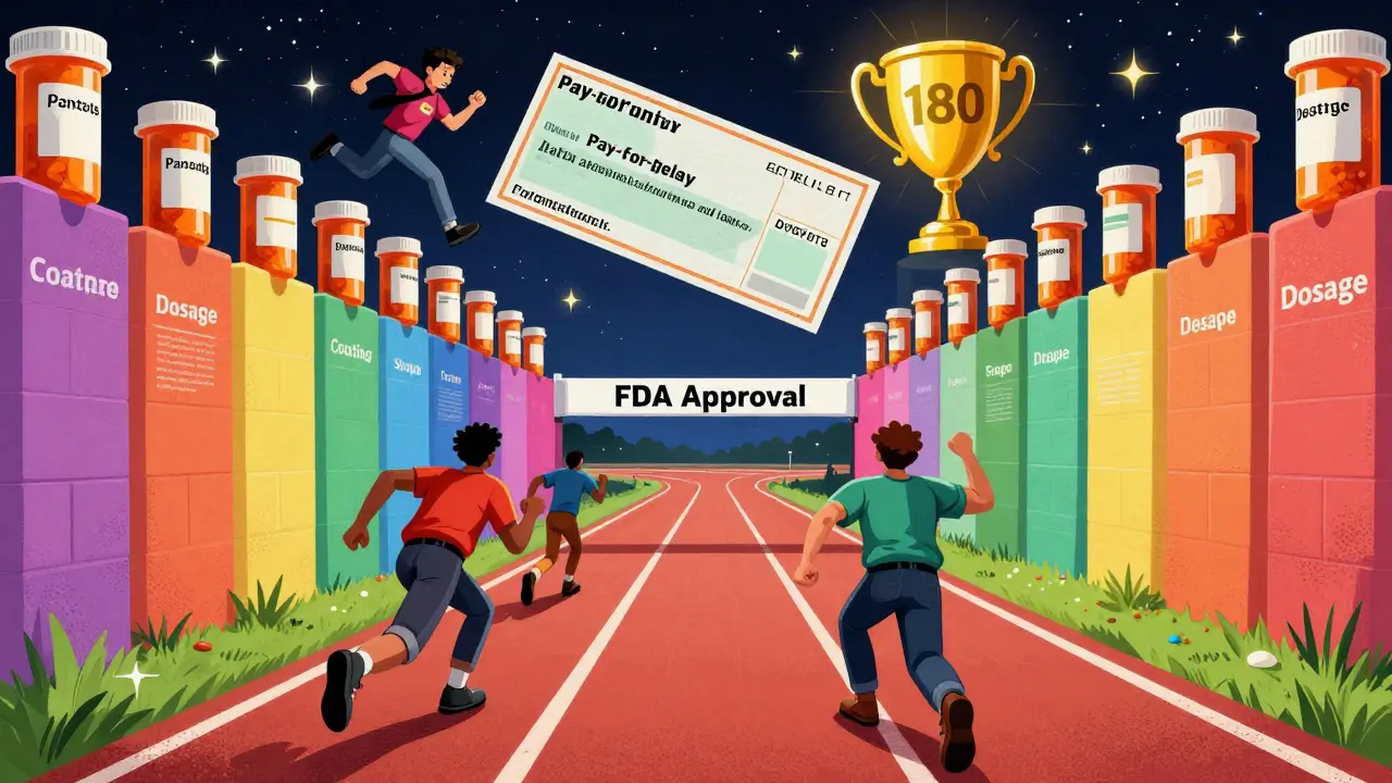 Race track with generic drug companies dodging patent walls toward a golden 180-day trophy under bottle-filled stars.
