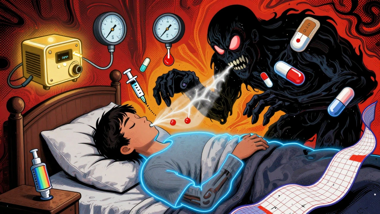 Sleeping person with a pill monster draining breath, CPAP and naloxone glowing nearby.