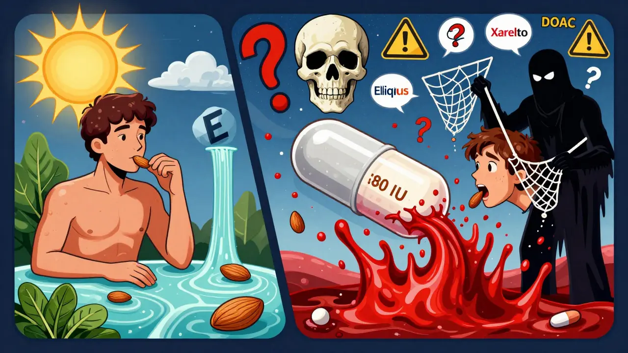 Split image: healthy food intake vs. dangerous supplement use causing blood eruptions, with warfarin and DOAC logos in psychedelic poster style.