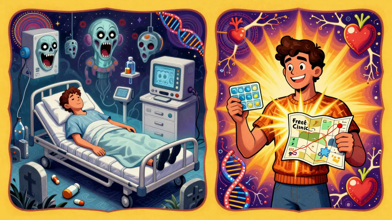 Split scene: one side shows a person in a hospital surrounded by menacing machines, the other shows them strong with a pill organizer and golden light.