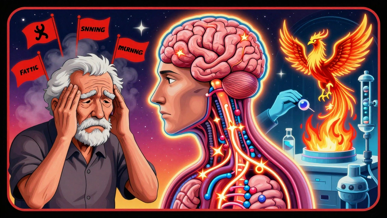 Split scene: patient with symptoms on one side, gene sparks and healing molecule on the other.