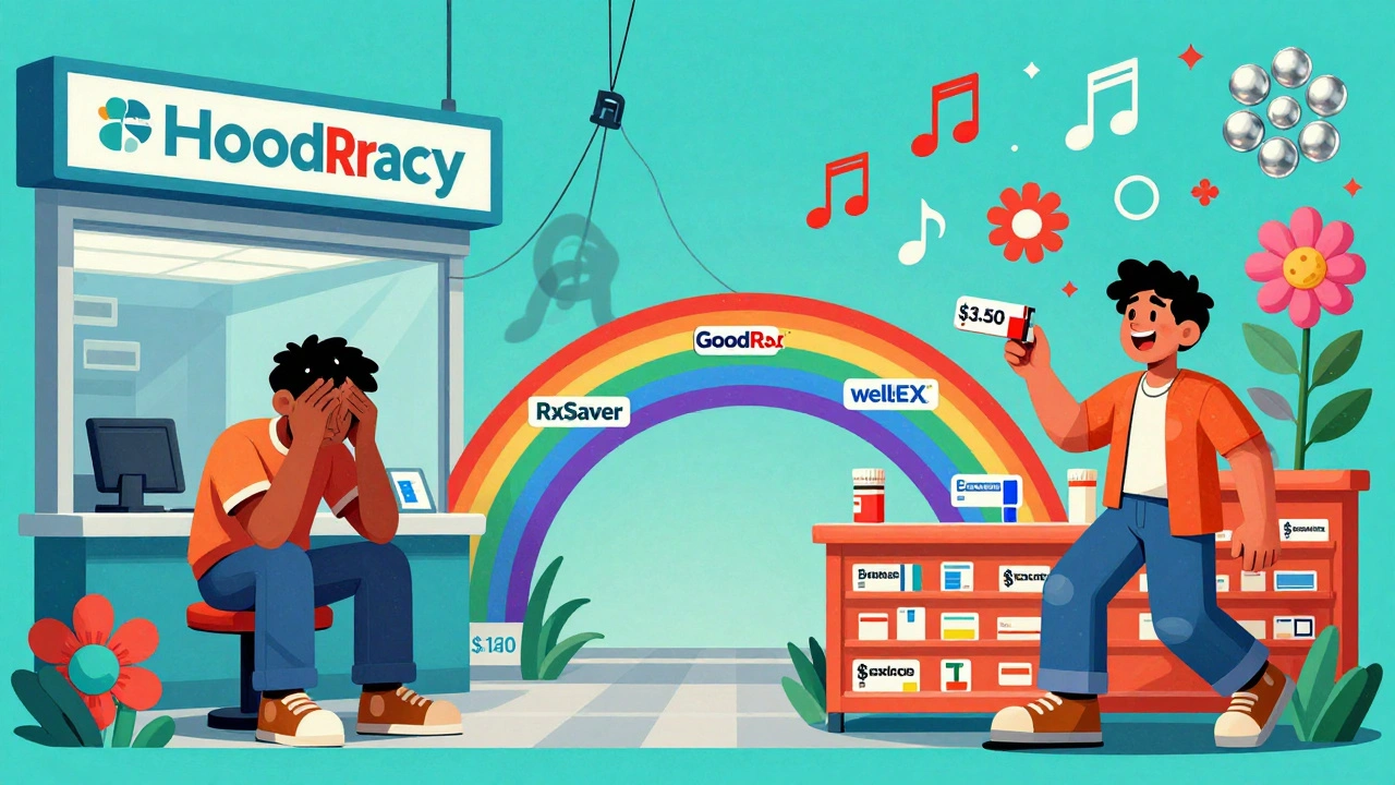 Split scene: stressed payer at big pharmacy vs. happy customer at local store, connected by price-comparison app icons.