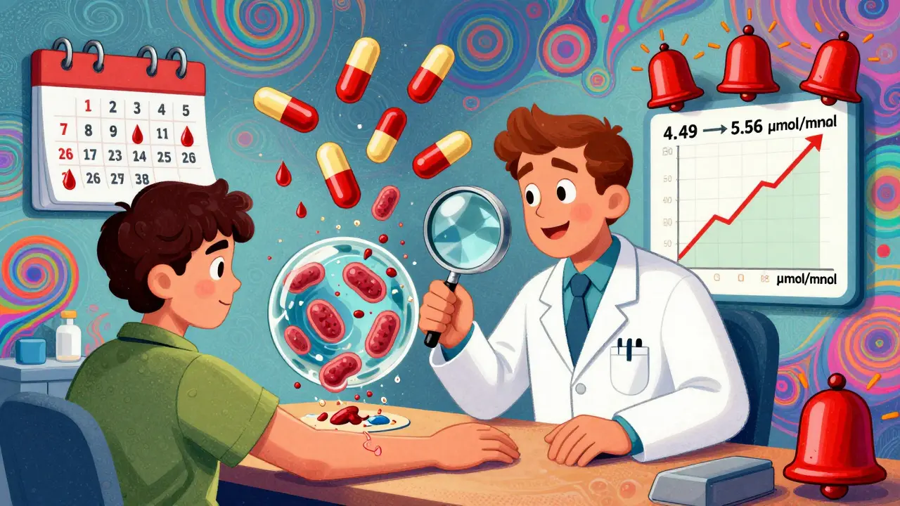 Surreal clinic scene with magnified platelets crumbling under vitamin E supplements, rising blood risk levels, and glowing alarm bells in neon colors.