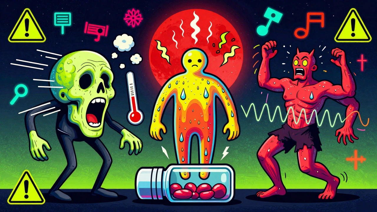 Three monstrous symptom clusters—mental, autonomic, and neuromuscular—emerging from a pill bottle under a red moon.
