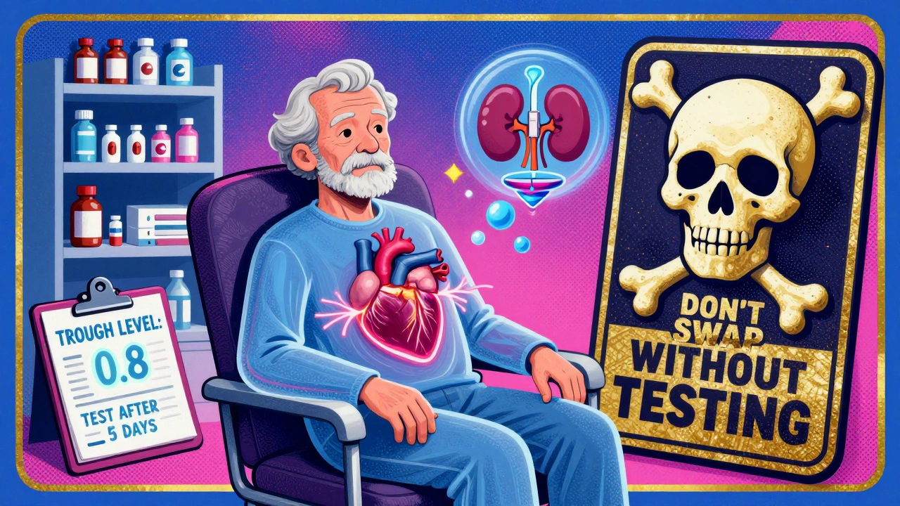 Transparent elderly patient with a chaotic heart, surrounded by medical symbols and a warning to test after switching.