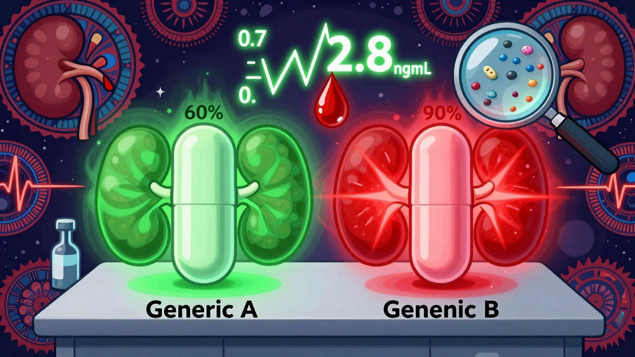 Two digoxin tablets emitting different colored auras, revealing drastic differences in absorption levels.