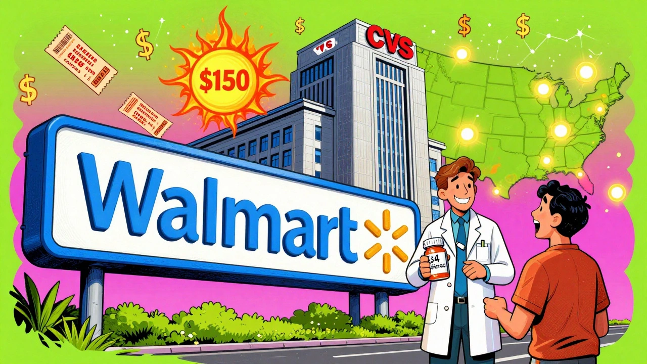 Walmart pharmacy handing a cheap pill bottle while a giant CVS with an inflated price burns in the background.