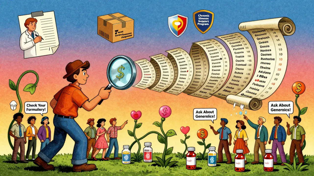 Worker examining a changing digital formulary with floating health icons and growing prescription vines.