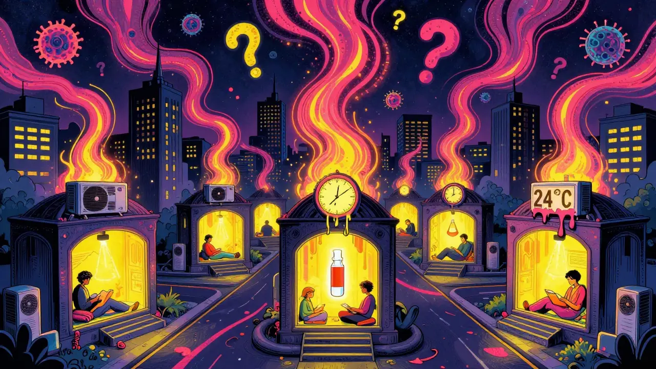 A city skyline with glowing respite centers and a giant naloxone beacon under a heat-wave sky.