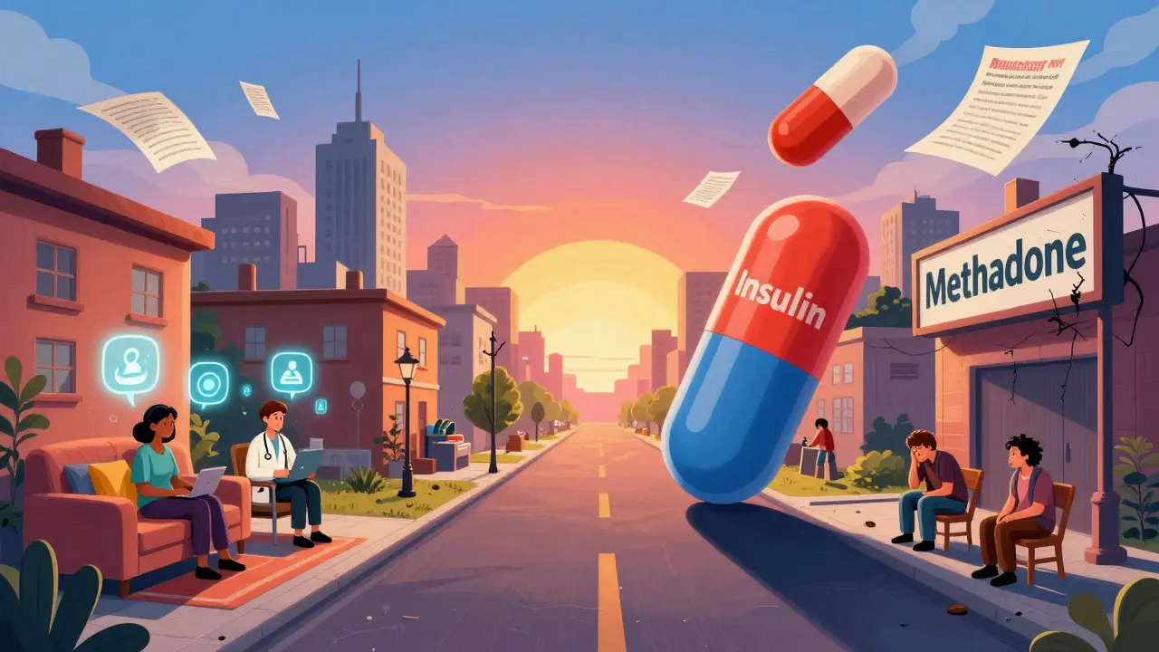 A divided city: telehealth users in comfort vs. unhoused people under barren pharmacy signs, with giant floating pills casting long shadows.