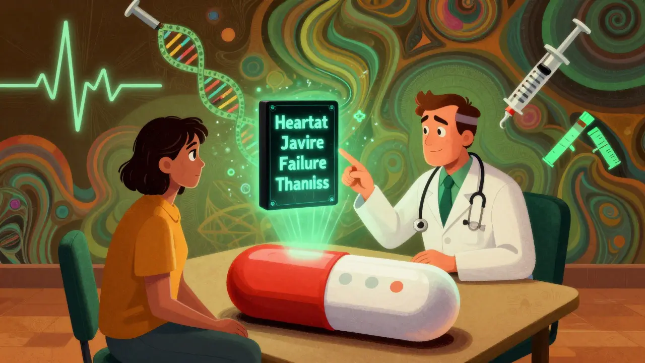 A doctor and patient discuss a holographic black box warning projected over a pill-shaped table.