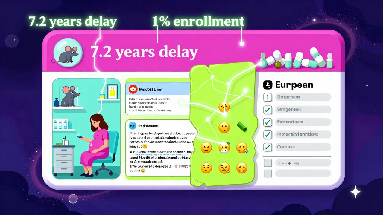 A fragmented medication label as a surreal landscape showing research, patients, and delayed alerts in vibrant psychedelic tones.