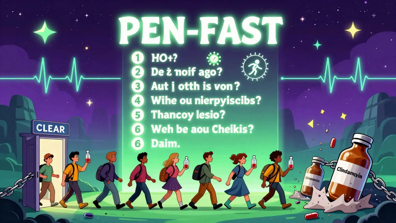 A glowing PEN-FAST checklist in space, guiding people through a door to freedom from false penicillin allergy labels.