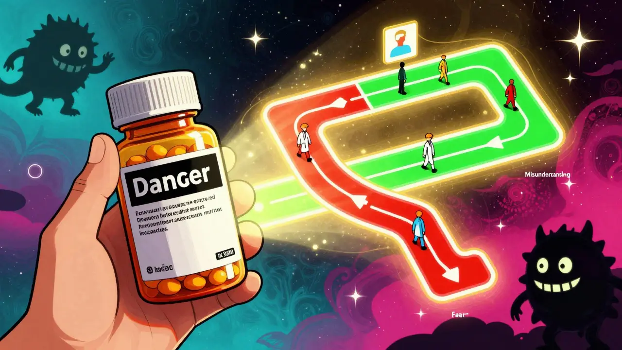 A patient follows a glowing roadmap through danger and safety zones, guided by medical monitoring symbols.
