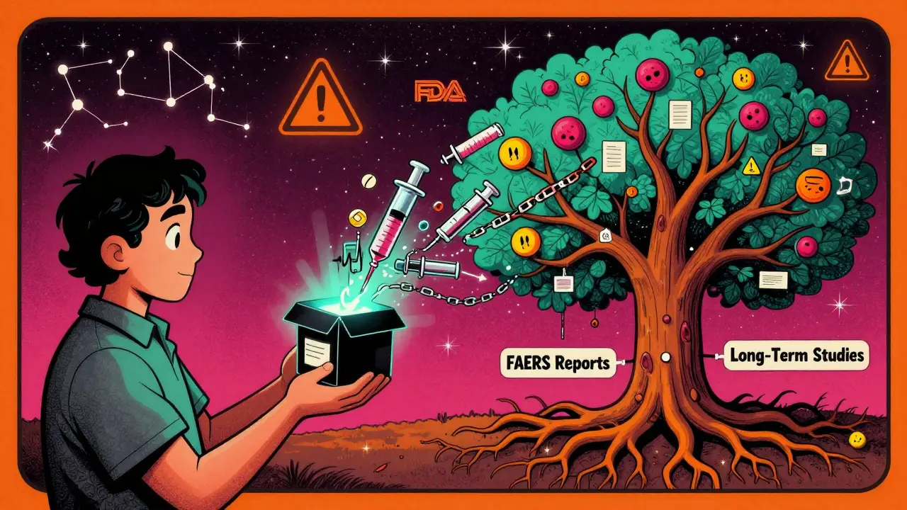 A patient holding a pill bottle turning into a black box tree with medical data roots and warning leaves.