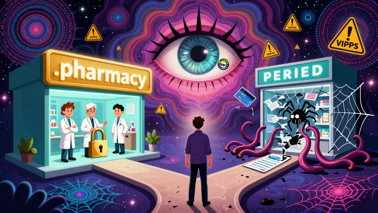 A person choosing between a safe verified pharmacy and a dangerous fake one, watched over by a VIPPS-eyed eye.