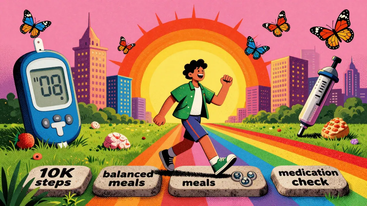 A person walking on a colorful path of healthy habits, leading to a sunrise with medical icons, representing sustainable diabetes management.
