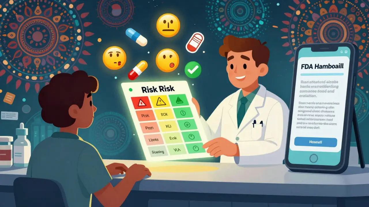 A pharmacist handing a color-coded risk chart to a patient with floating drug icons in psychedelic style.