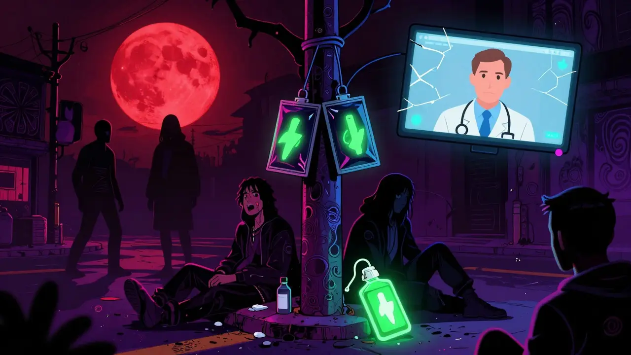 A psychedelic street scene with glowing fentanyl packets, overdosing figures, and a glowing naloxone kit under a blood-red moon.