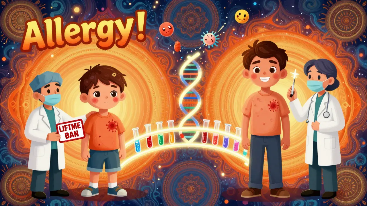 A split cartoon scene: a child wrongly labeled allergic to penicillin vs. the same person cleared as an adult.