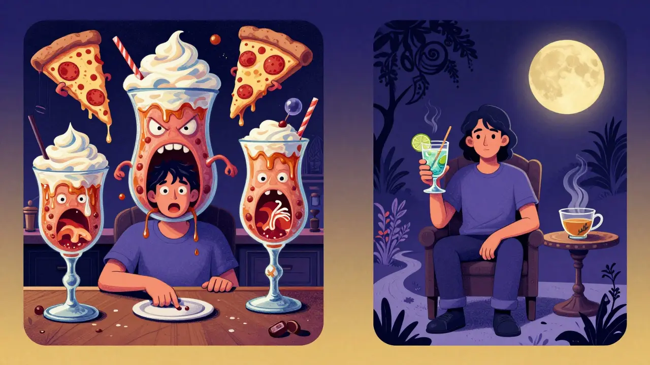 A split scene showing a person overwhelmed by sugary cocktails on one side, and calm with a simple drink and walk path on the other.