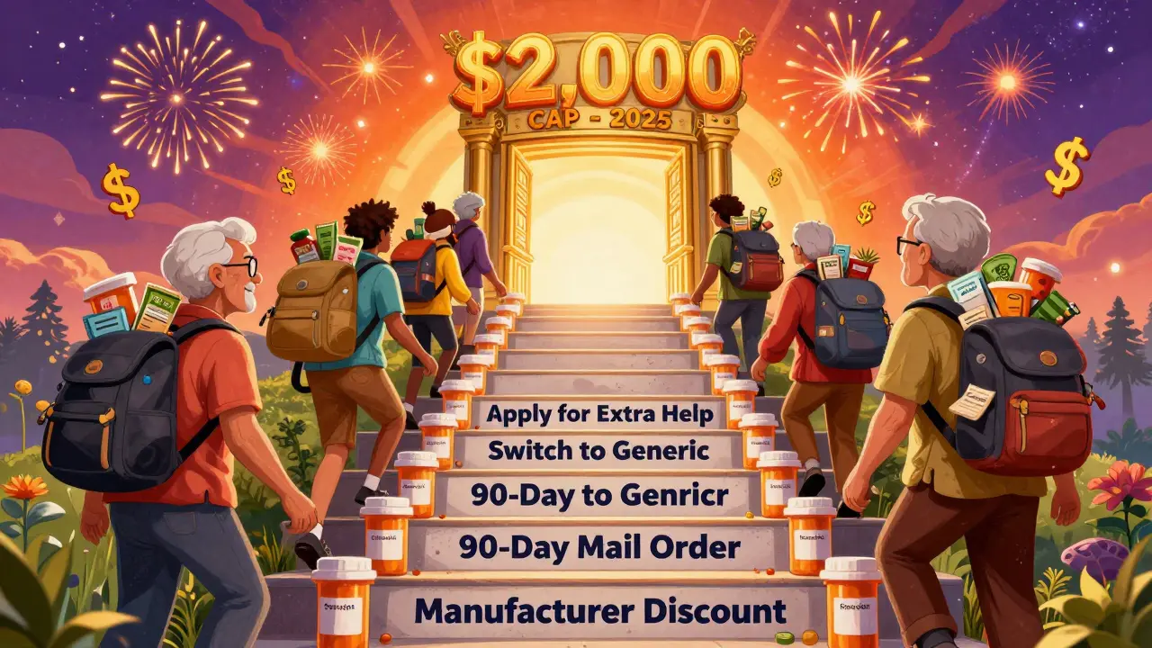 A staircase of pill bottles leads to a golden cap labeled ,000, with seniors climbing while using savings strategies.