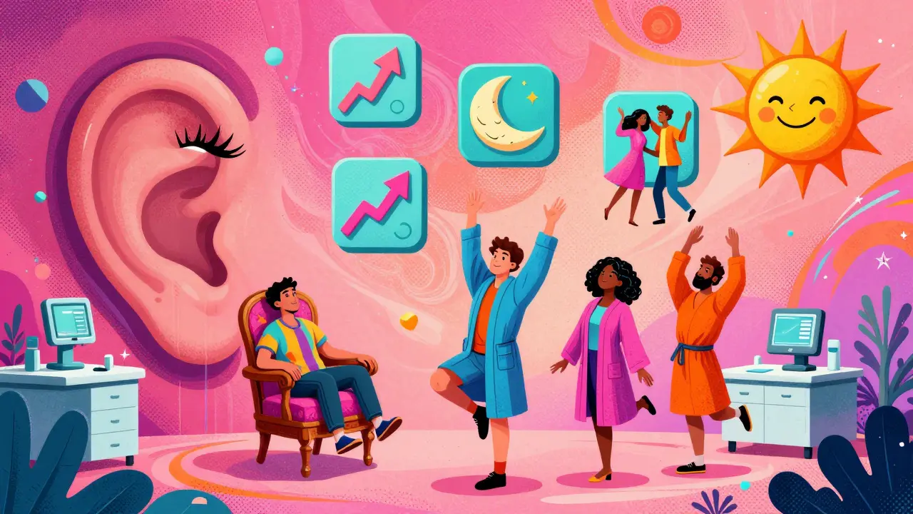 A surreal clinic where balance exercises are performed among floating icons and transformed furniture in vibrant psychedelic style.