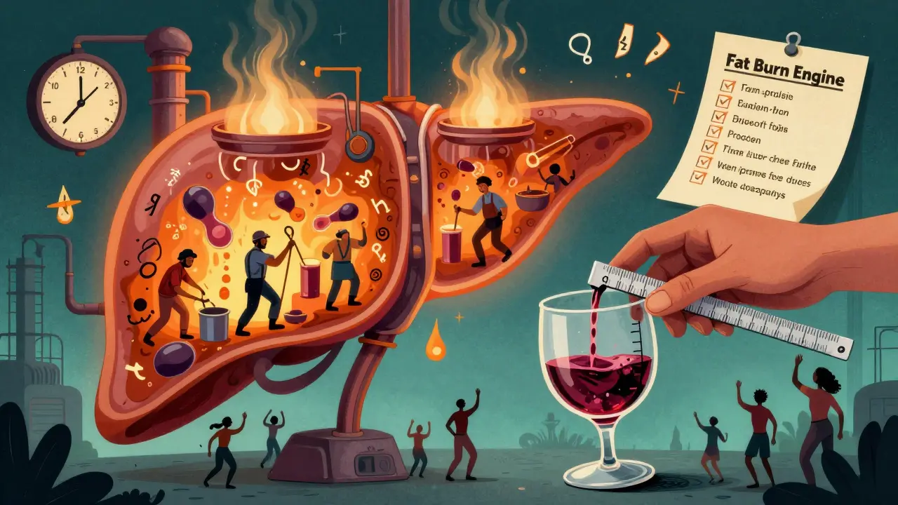 A surreal liver factory shutting down fat burn as a measured wine pour and healthy habits float nearby in psychedelic colors.