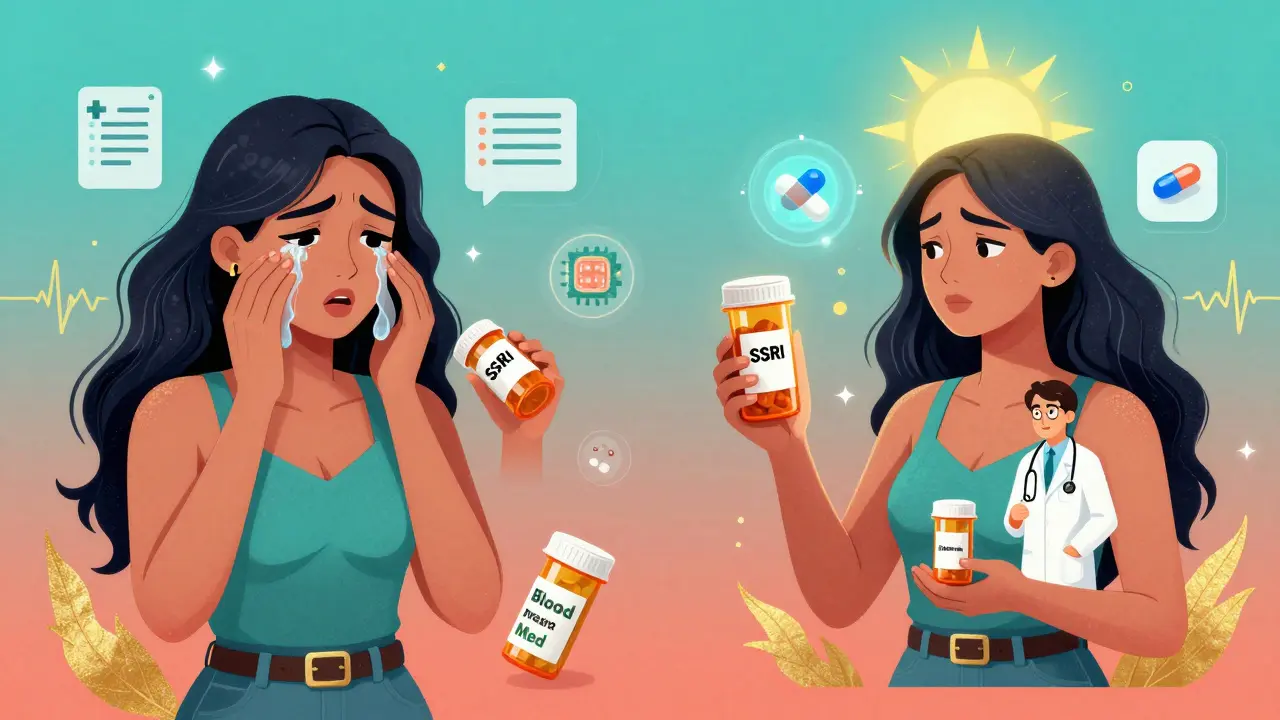 A woman choosing to keep her medication with medical support, contrasted with discarding pills, under glowing folic acid light.