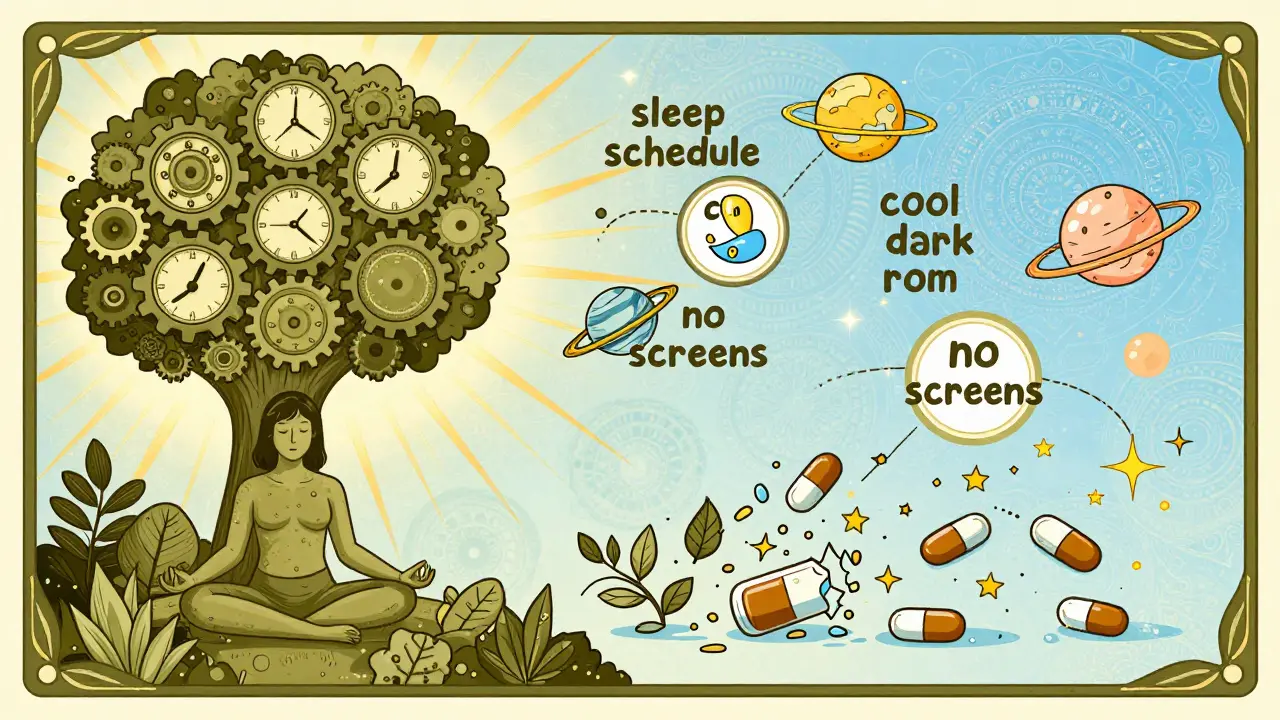 Calm person meditating under a tree of clock gears, replacing pills with sunlight and sleep hygiene symbols.