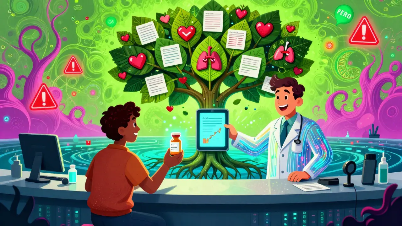 Cartoon FDA agent receiving glowing patient reports from a pharmacy counter, with a data-tree growing behind them.