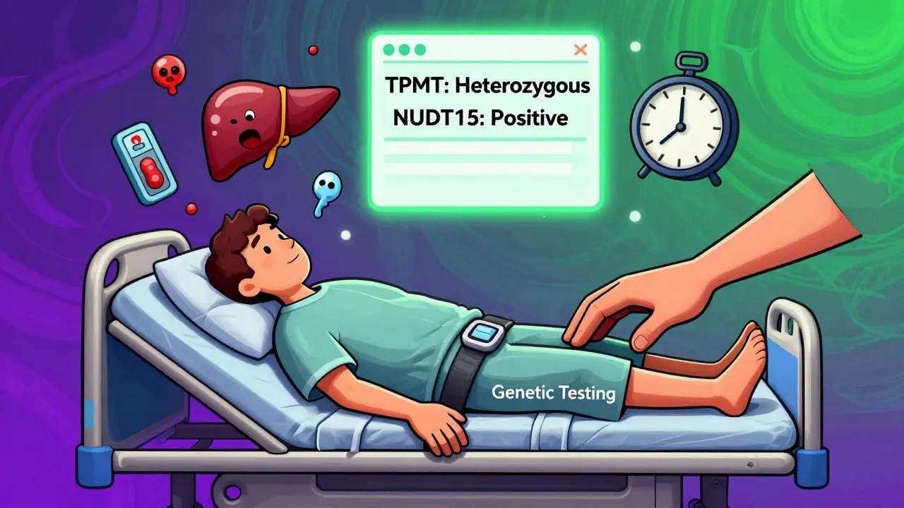Collapsed patient surrounded by medical icons, with genetic test results glowing above as a seatbelt of safety is placed.