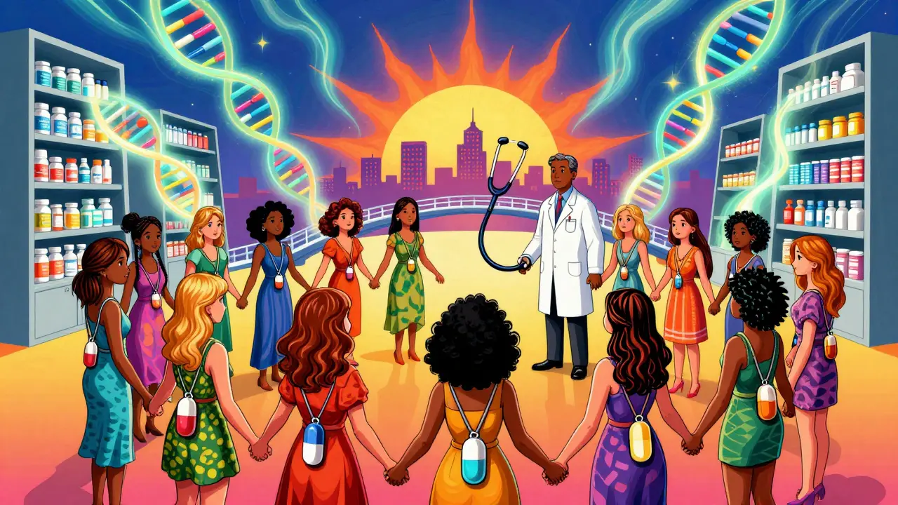 Diverse group of women holding statin pendants, with gene spirals and alternative meds forming a bridge to health.