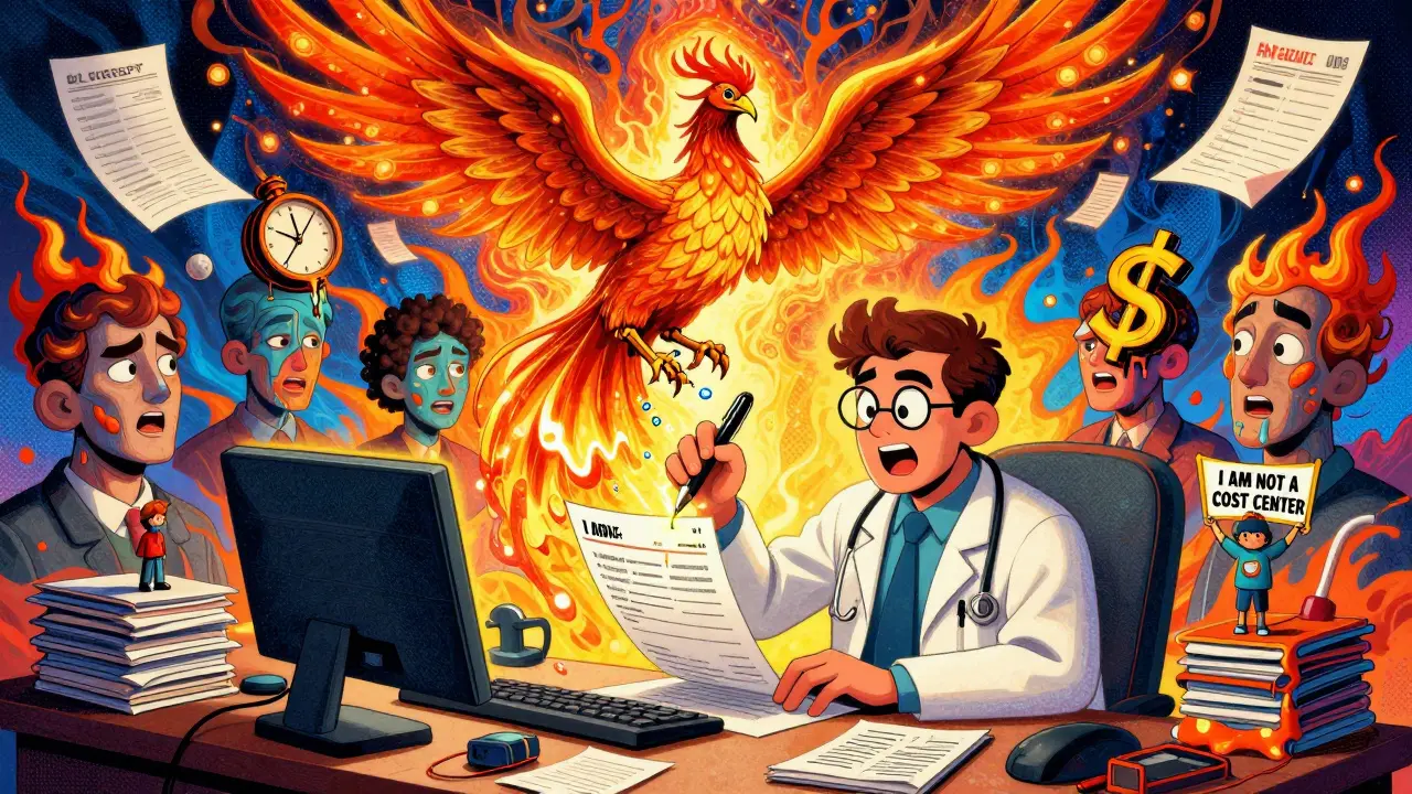 Doctor writing a medical necessity letter as it transforms into a phoenix amid burning formulary pages and distorted insurer faces.