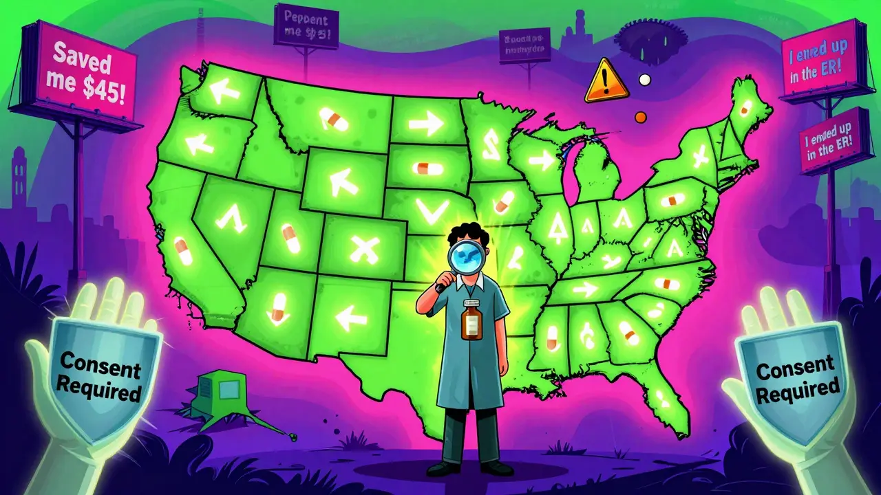 Framed U.S. map showing states with and without automatic drug substitution, patient holding magnifying glass over pill bottle.