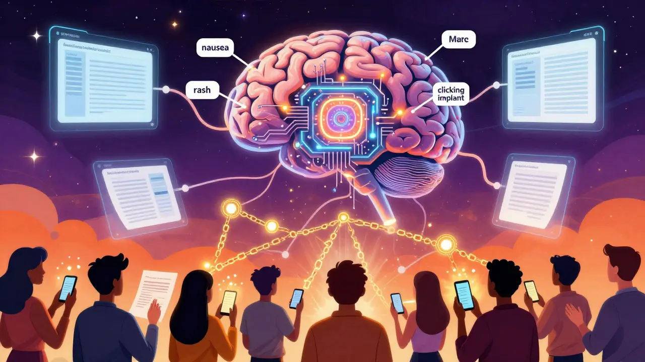 Futuristic neural network AI scanning medical notes, connected to people submitting reports via phones and forms.