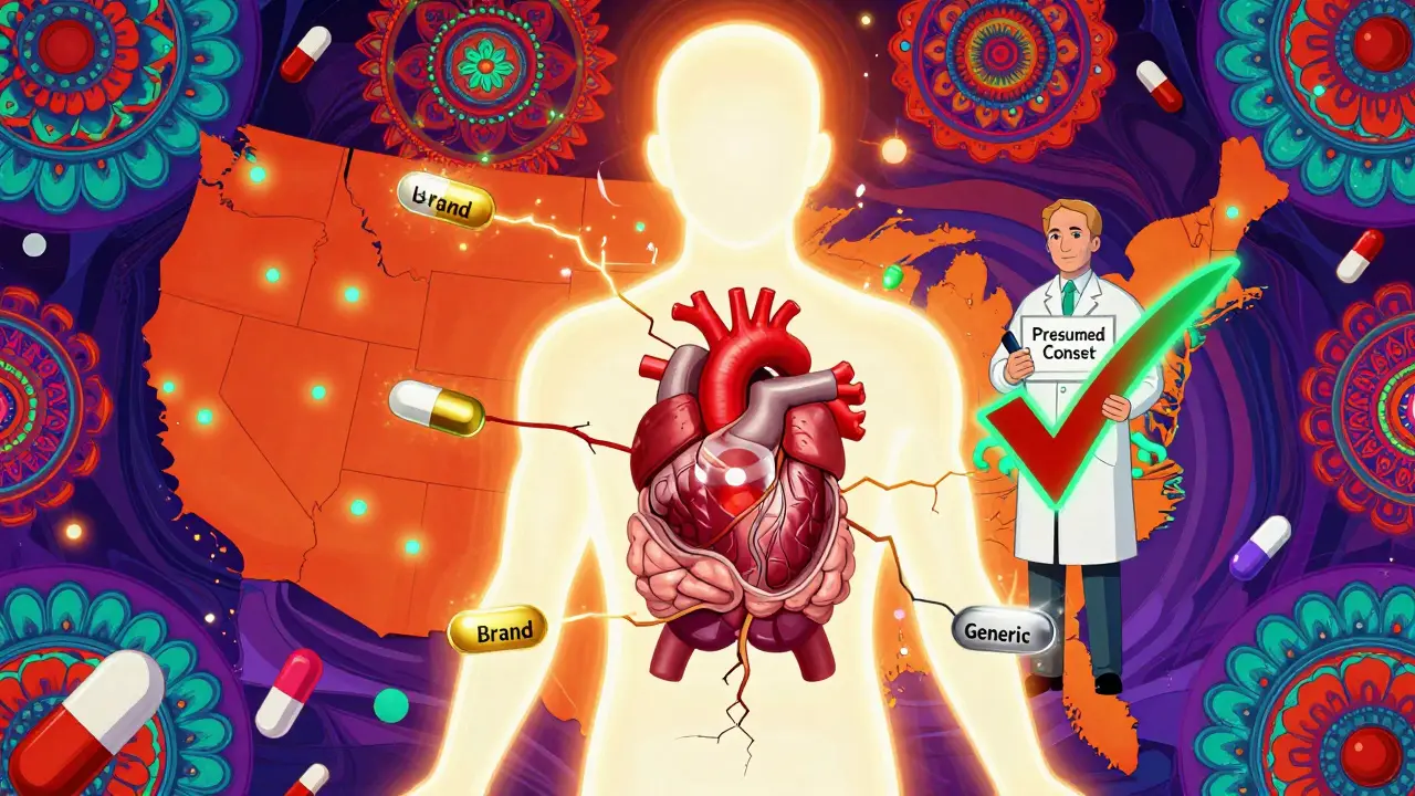 Glowing human silhouette with pills connected to organs, pharmacist behind a 'Presumed Consent' checkmark, colorful state map background.