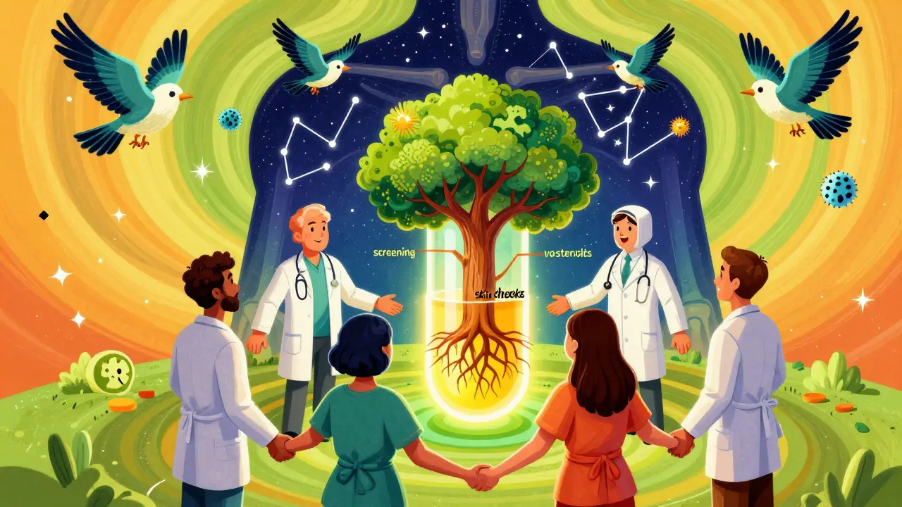 Medical team forming a circle around a biosimilar pill that grows into a health tree.