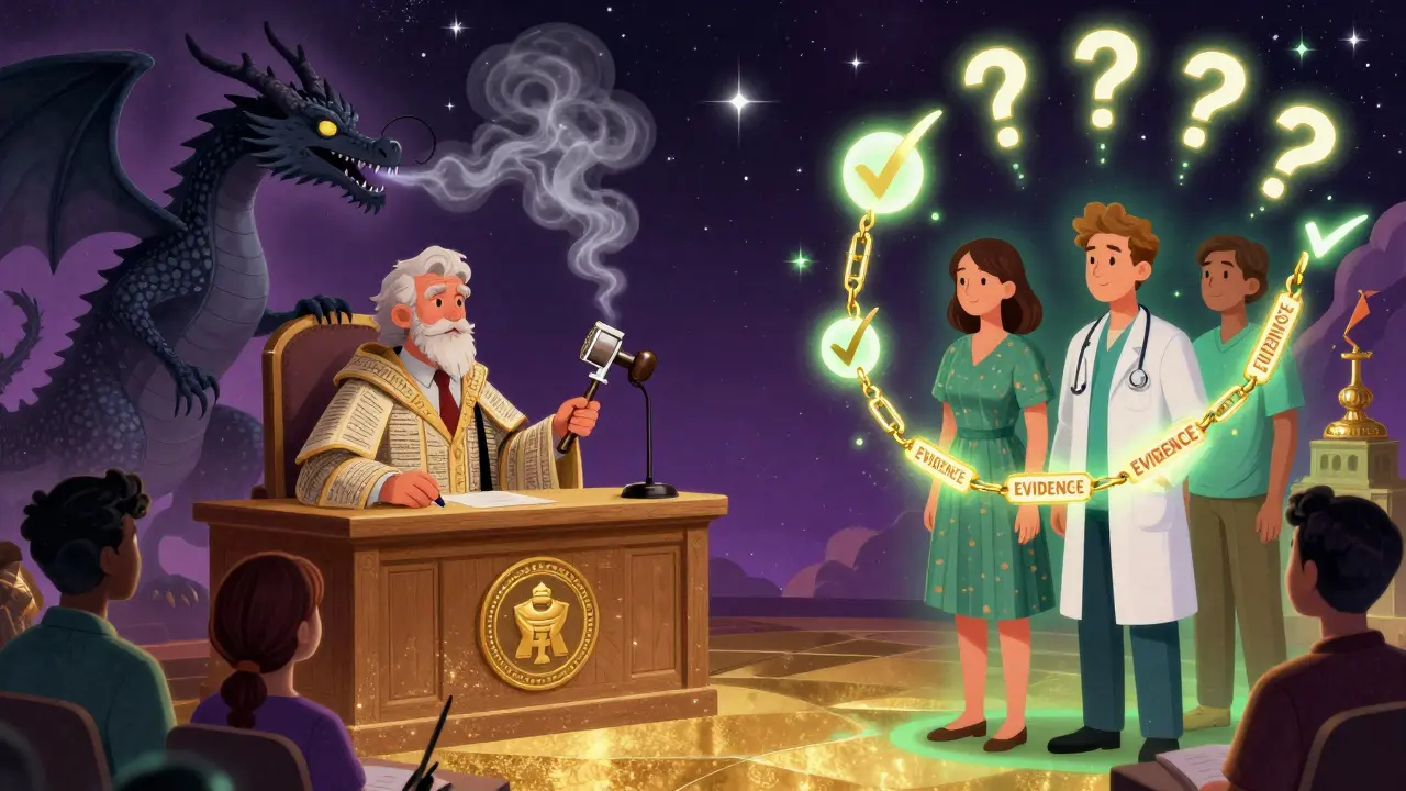 Mystical courtroom where an independent judge weighs evidence against a dragon of insurance denials, surrounded by glowing patient stories.